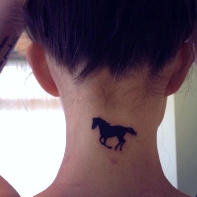 Small Horse Black Silhouette Tattoo On Nape