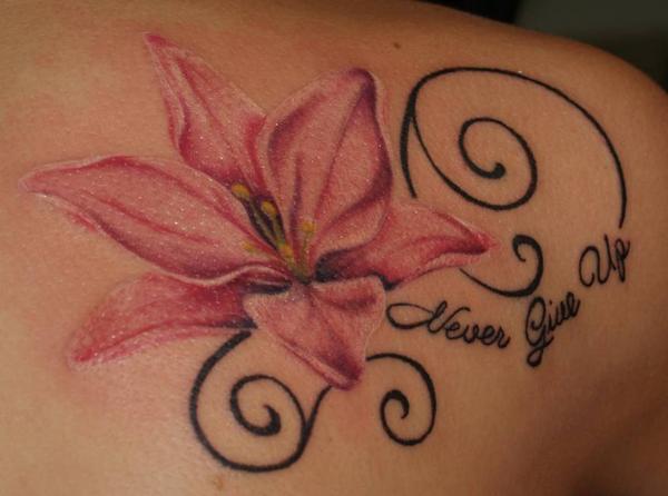 Small Pink Lily Tattoo On Right Back Shoulder
