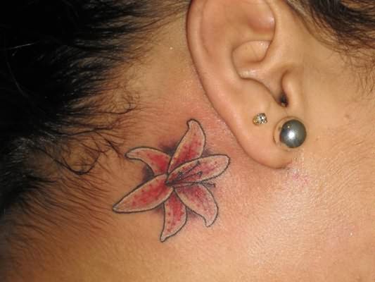 Small Red Lily Tattoo Behind The Ear