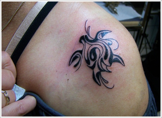 Small Tribal Polynesian Turtle Tattoo On Shoulder