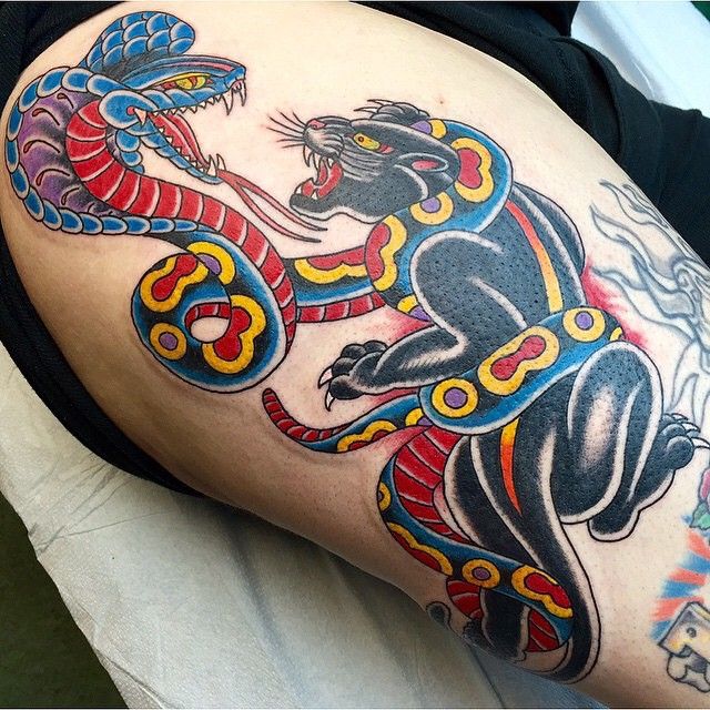 Snake And Panther Fighting Tattoo On Half Sleeve