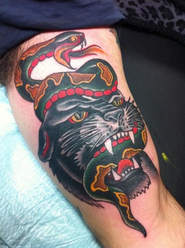Snake And Traditional Panther Tattoo On Sleeve