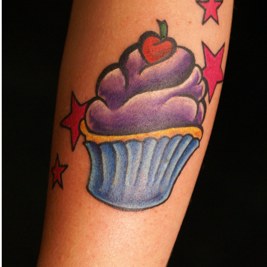Stars And Cupcake Tattoo On Arm Sleeve