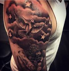 Stars And Dove Flying In Clouds Tattoo On Half Sleeve