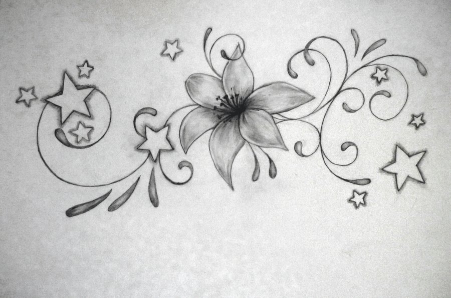 Stars And Lily Flowers Tattoo Design