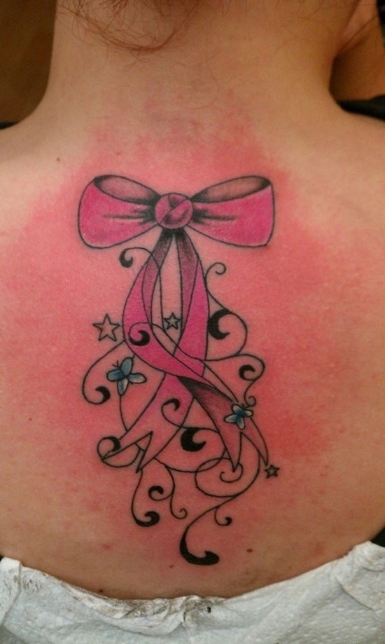 Stars And Pink Bow Tattoo On Girl Upper Back