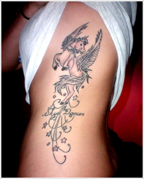 Stars And Winged Horse Tattoo On Girl Side Rib