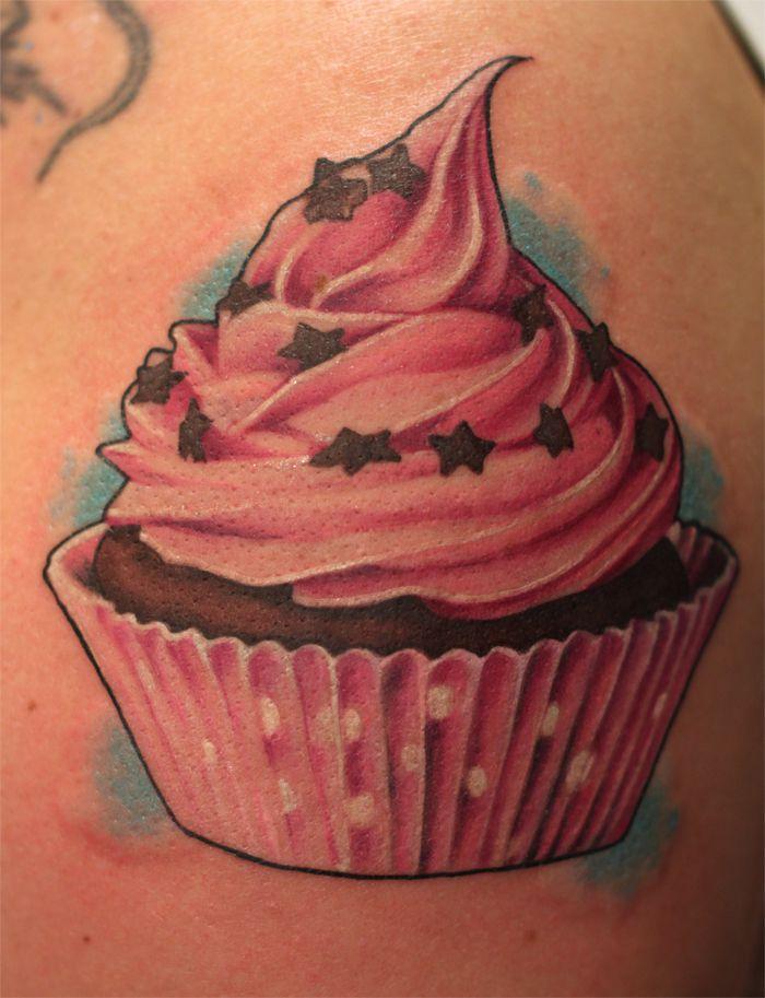 Stars With Pink Realistic Cupcake Tattoo
