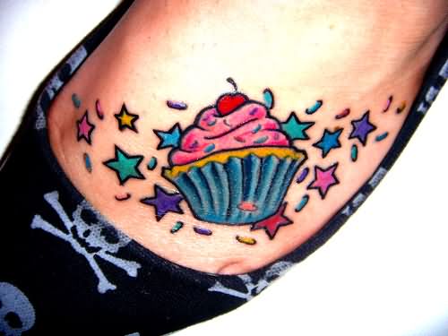 Stars and Simple Cupcake Tattoo On Left Foot