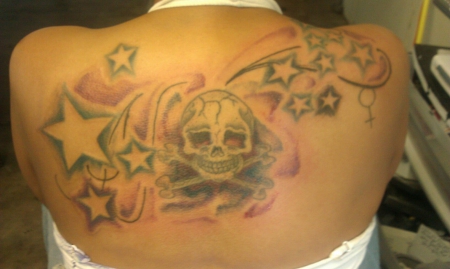 Stars and Skull Tattoo On Girl Upper Back