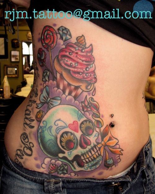Sugar Skull And Cupcake Tattoo On Girl Side Rib