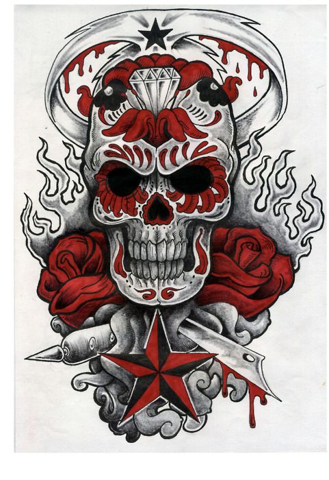 Sugar Skull And Star Tattoo Design
