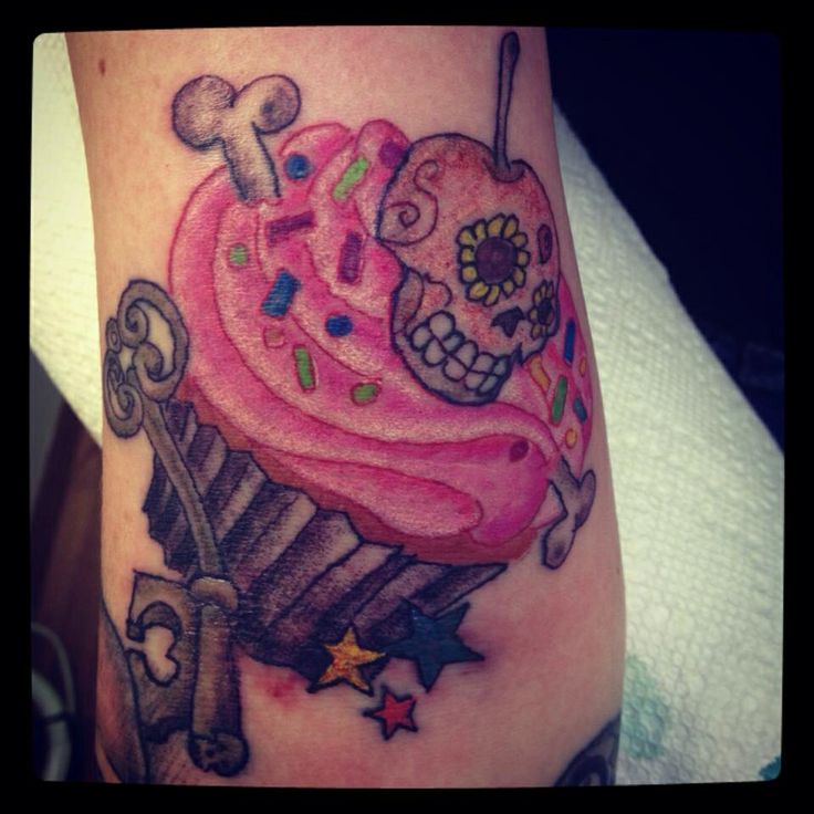 Sugar Skull Cherry Cupcake Tattoo On Sleeve