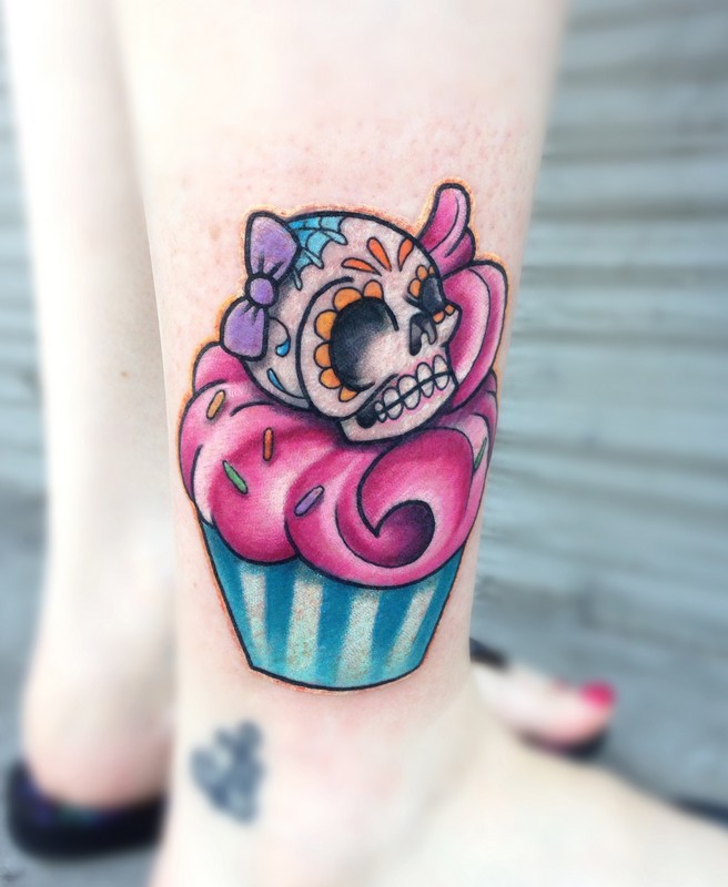Sugar Skull Cupcake Tattoo On Girl Ankle