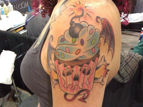 Sugar Skull Cupcake Tattoo On Girl Left Shoulder