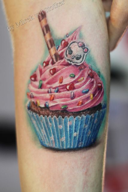 Sugar Skull Cupcake Tattoo On Leg Sleeve