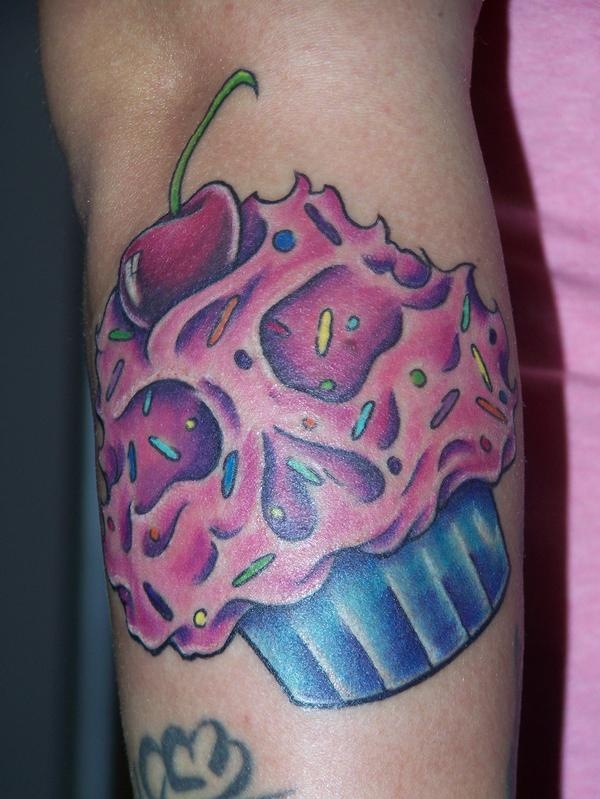 Sugar Skull Cupcake Tattoo On Side Leg