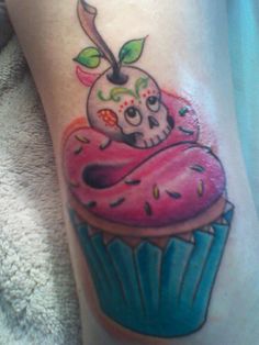 Sugar Skull Cupcake Tattoos On Side Leg