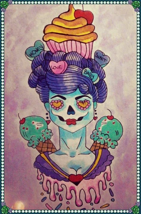 Sugar Skull Girl Head And Cupcake Tattoos Design