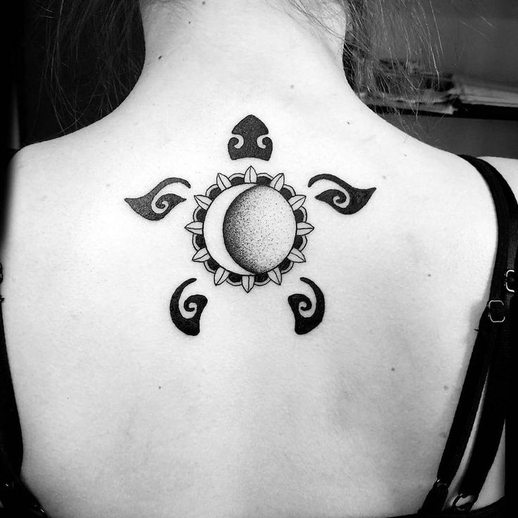 Sun Moon And Turtle Tattoo On Girl Upper Back