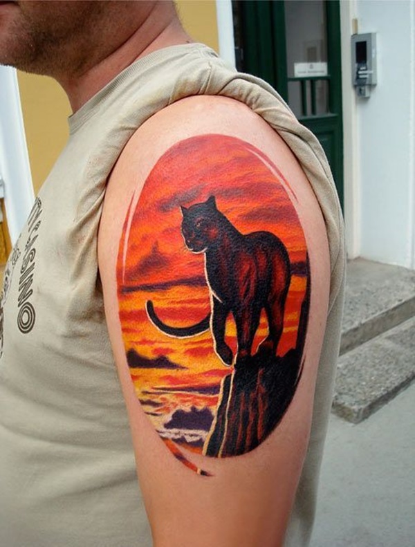 Sun Set View Panther Tattoo On Man Left Shoulder