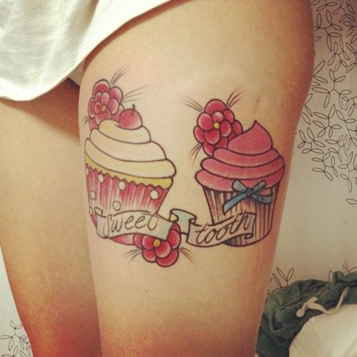Sweet Tooth Cupcake Tattoos On Left Thigh