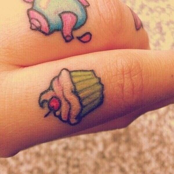 Tea Kettle And Simple Cupcake Tattoos On Fingers