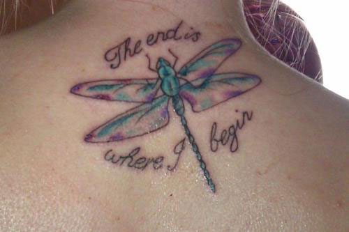 The End Is Where I Begin Dragonfly Tattoo On Upper Back