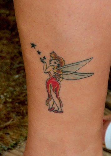 Three Stars And Fairy Tattoo On Leg