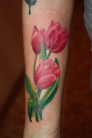 Three Tulip Flowers Tattoos On Arm Sleeve
