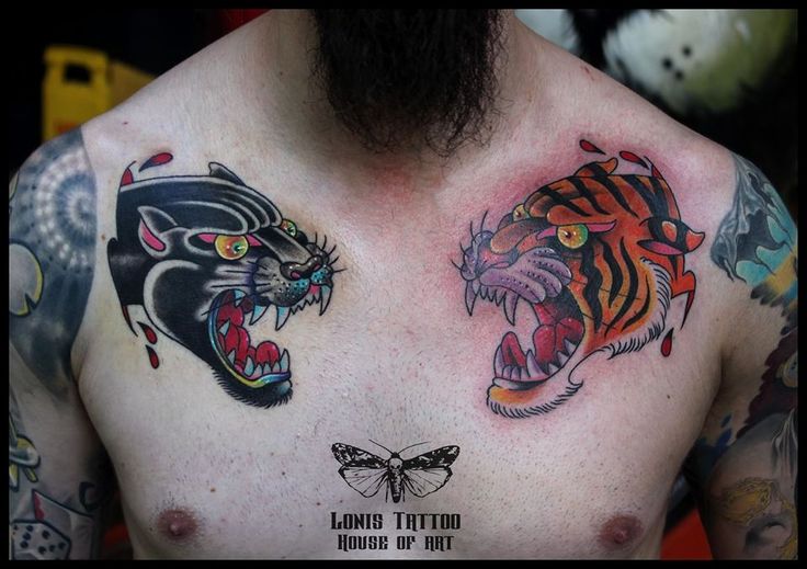 Tiger Head And Traditional Panther Head Tattoos On Collarbones