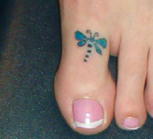 Tiny Blue Dragonfly Tattoo On Toe
