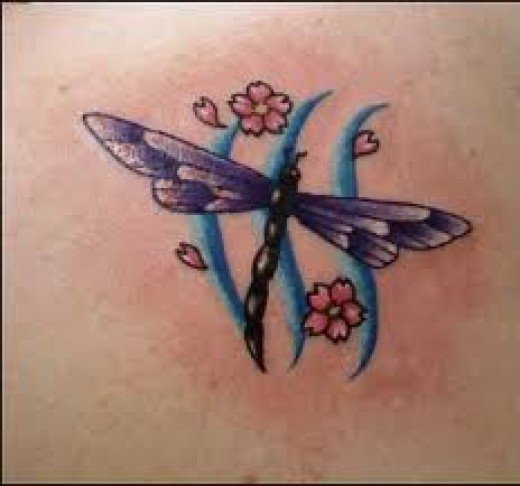 Tiny Flowers And Purple Dragonfly Tattoo
