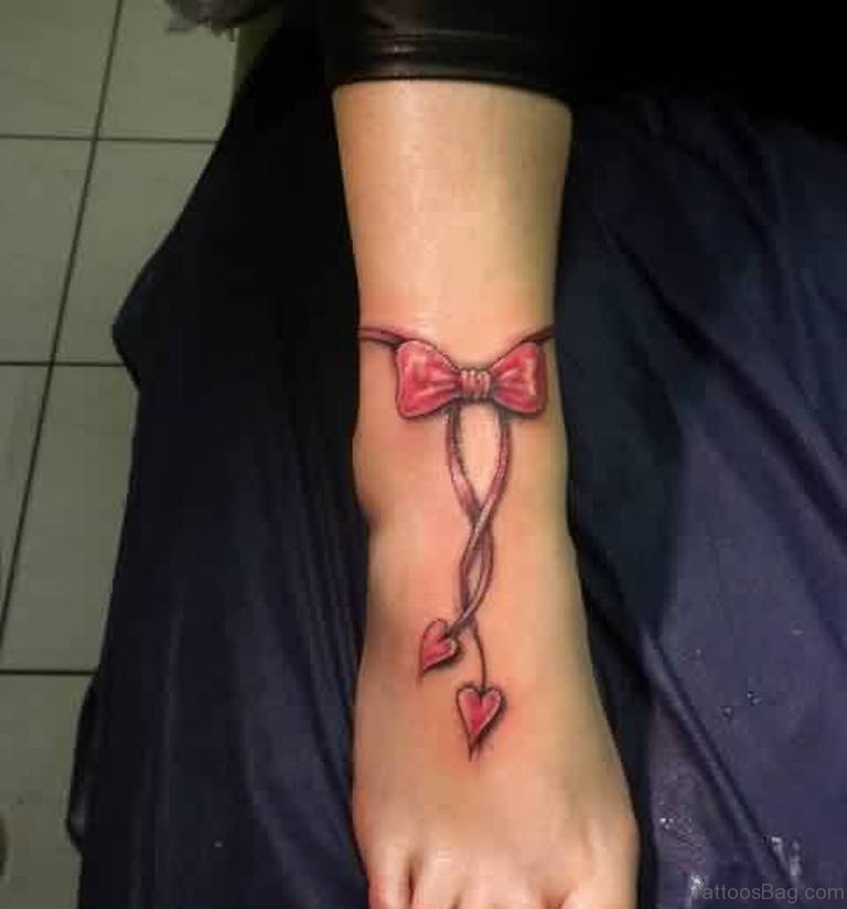Tiny Pink Hearts And Bow Tattoo On Ankle