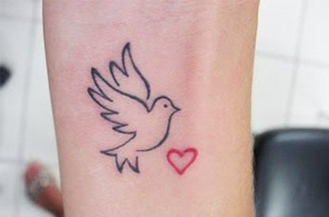 Tiny Red Heart And Simple Outline Dove Tattoo