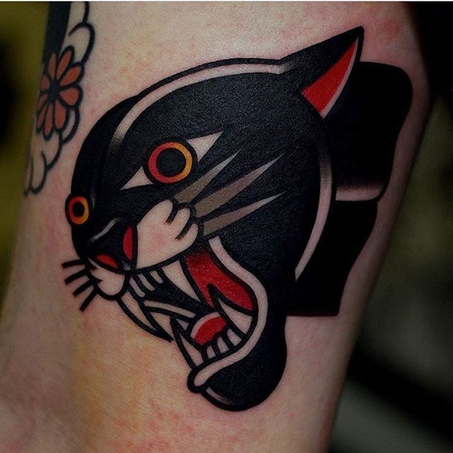 Traditional Angry Black Panther Head Tattoo
