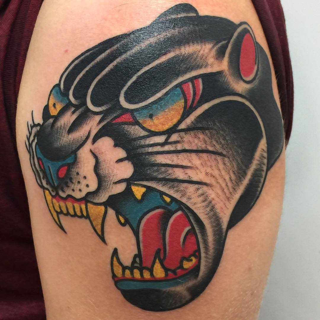 Traditional Angry Panther Head Tattoo On Shoulder