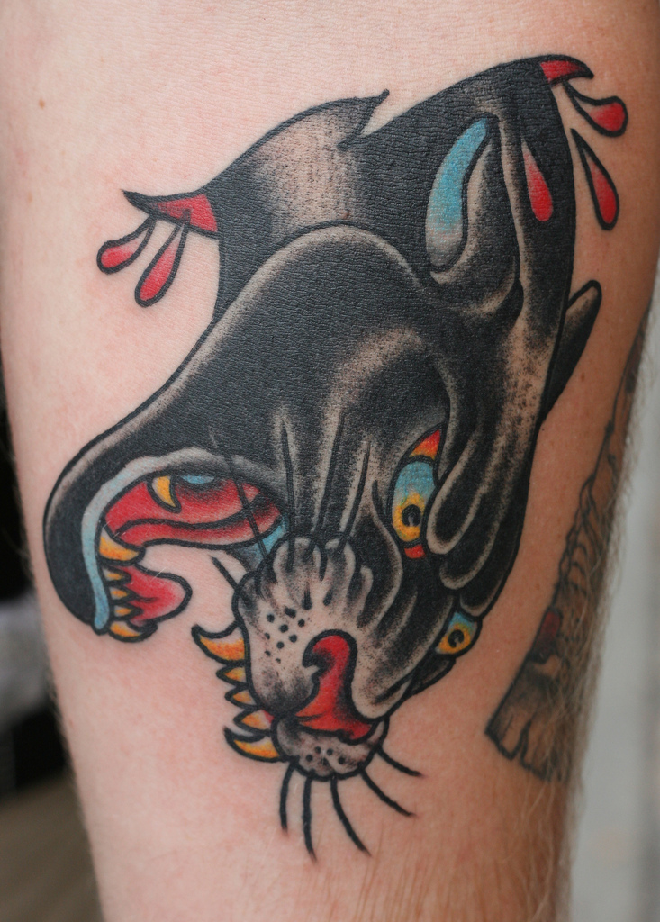 Traditional Angry Panther Tattoo On Arm