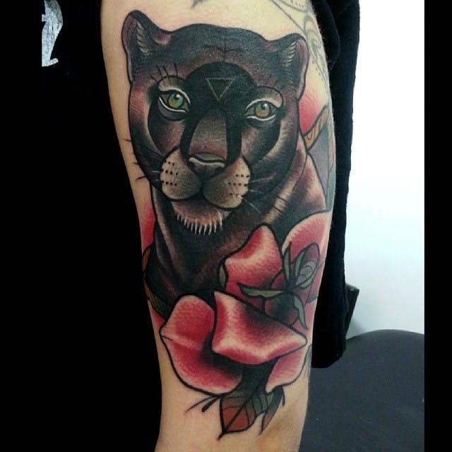 Traditional Black Panther And Rose Tattoo On Arm Sleeve
