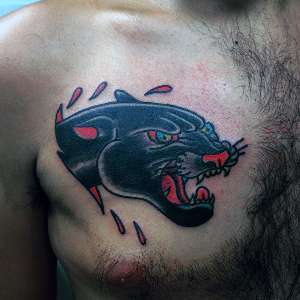 Traditional Black Panther Tattoo On Chest
