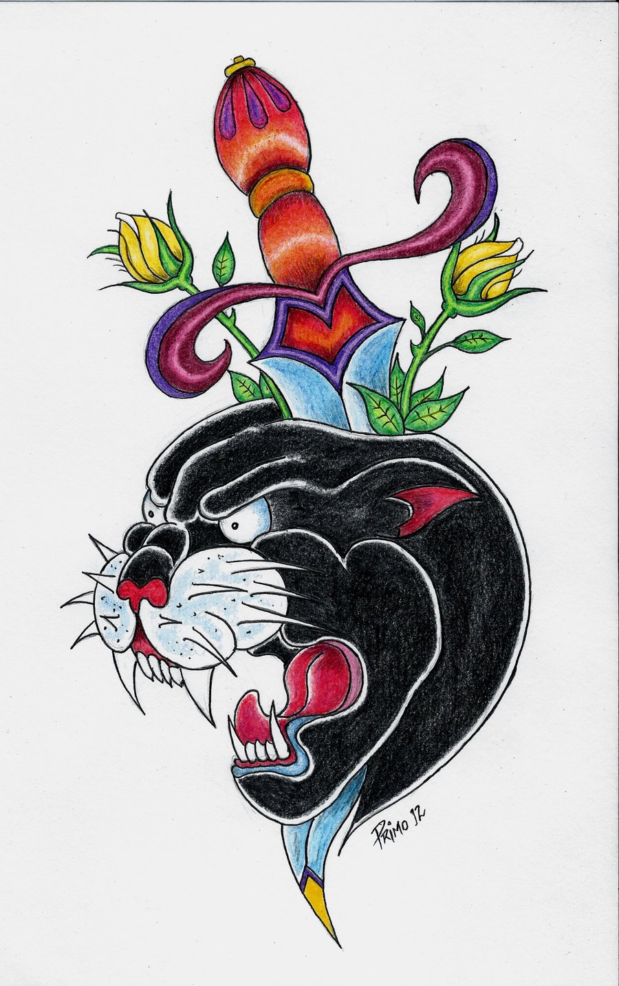 Traditional Dagger In Panther Head Tattoo Design