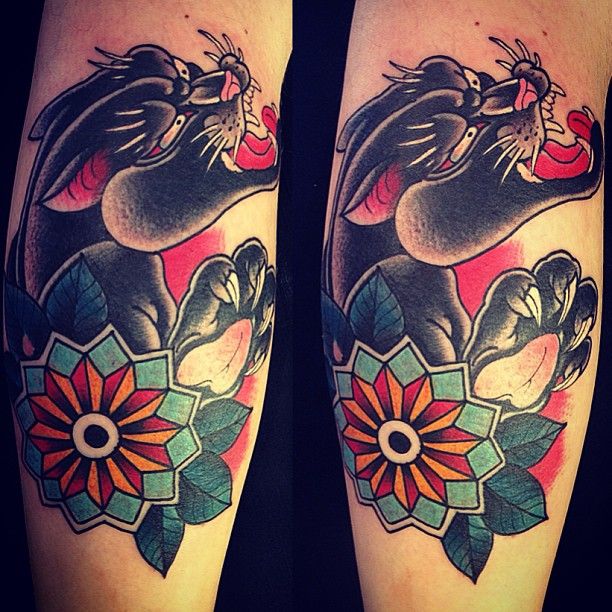 Traditional Flower And Angry Panther Tattoo