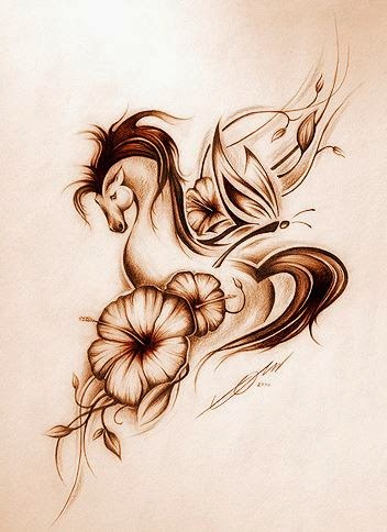Traditional Flower And Horse Tattoo Design