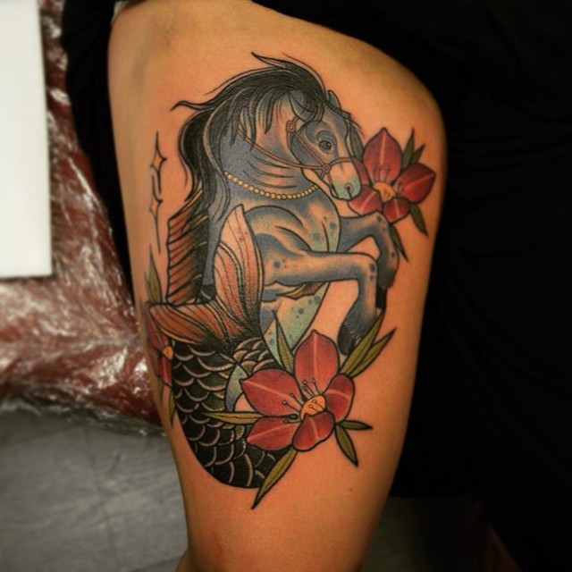 Traditional Flowers And Horse Tattoo On Side Thigh