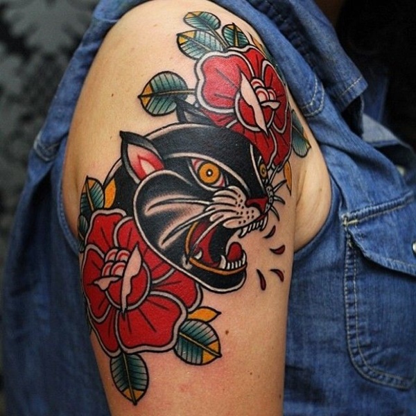 Traditional Flowers And Panther Head Tattoo On Shoulder