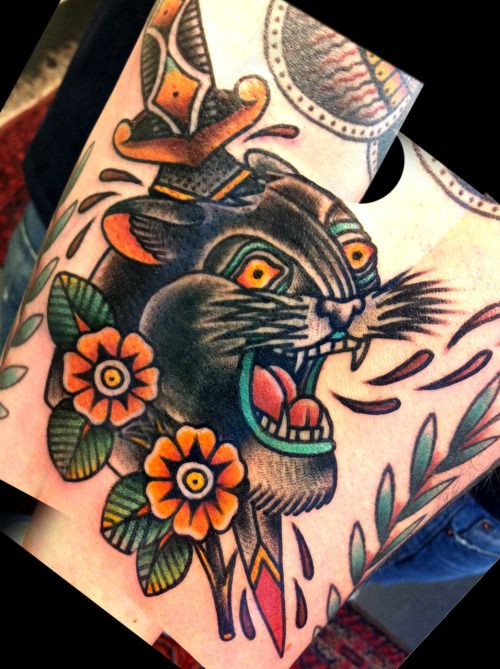 Traditional Flowers And Panther Tattoo