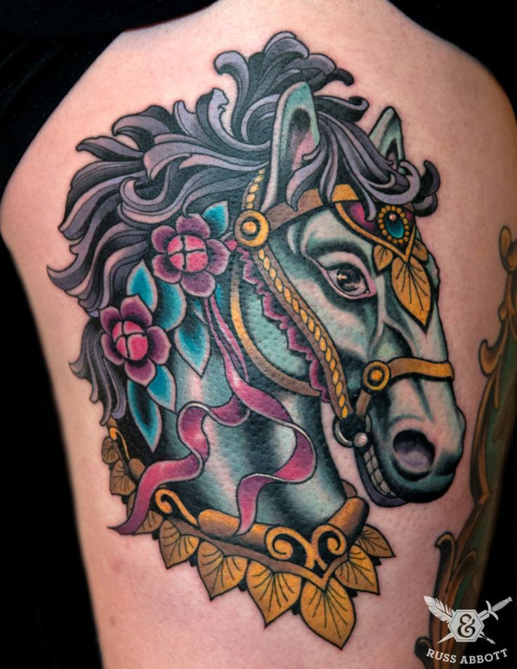Traditional Horse Head Tattoo On Side Thigh by Russ Abbott