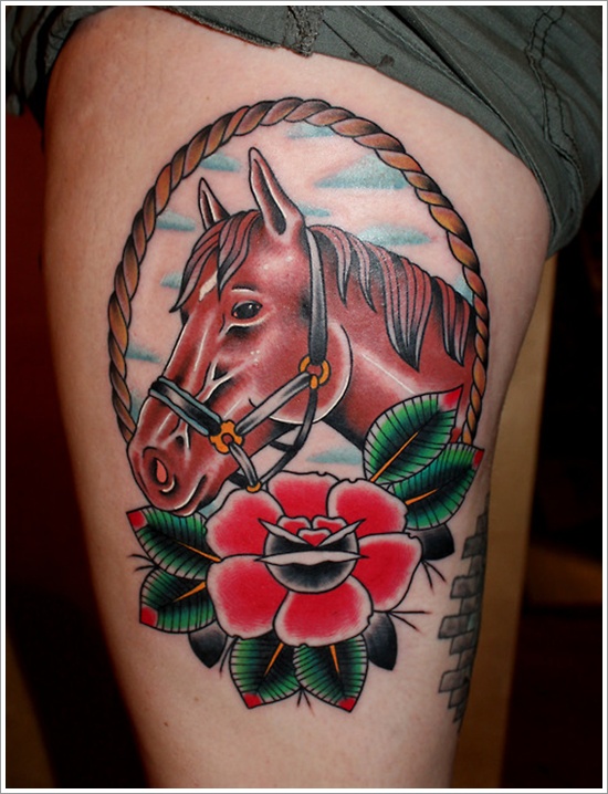 Traditional Horse Tattoo On Side Leg