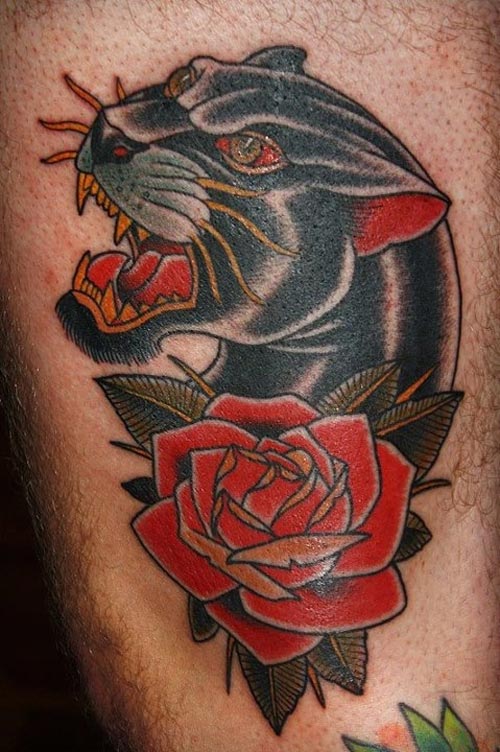 Traditional Panther Head And Rose Tattoo