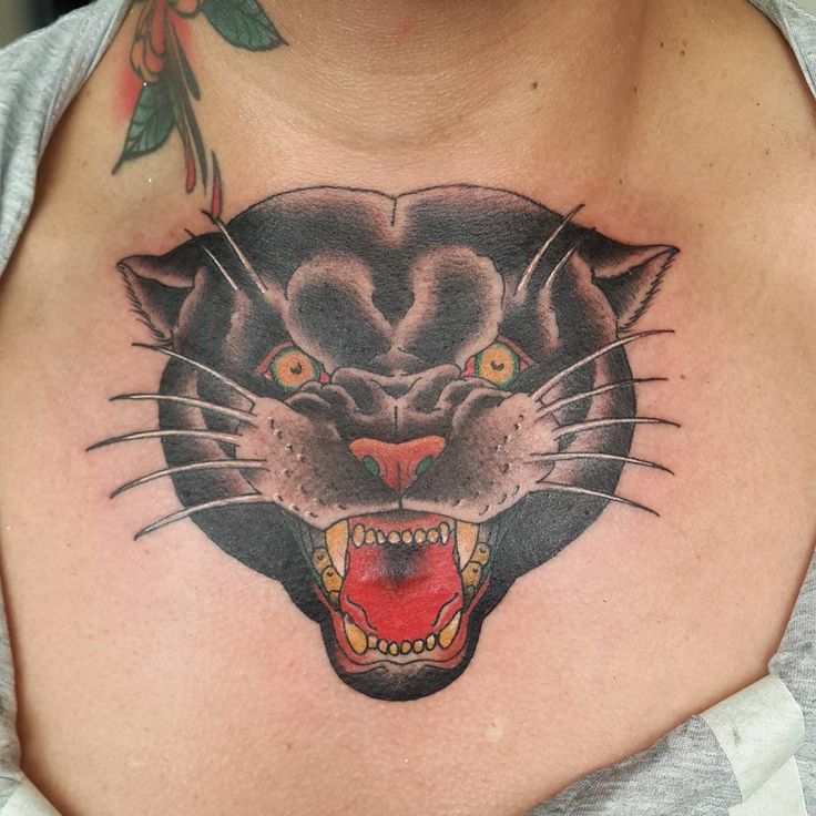 Traditional Panther Head Tattoo On Chest